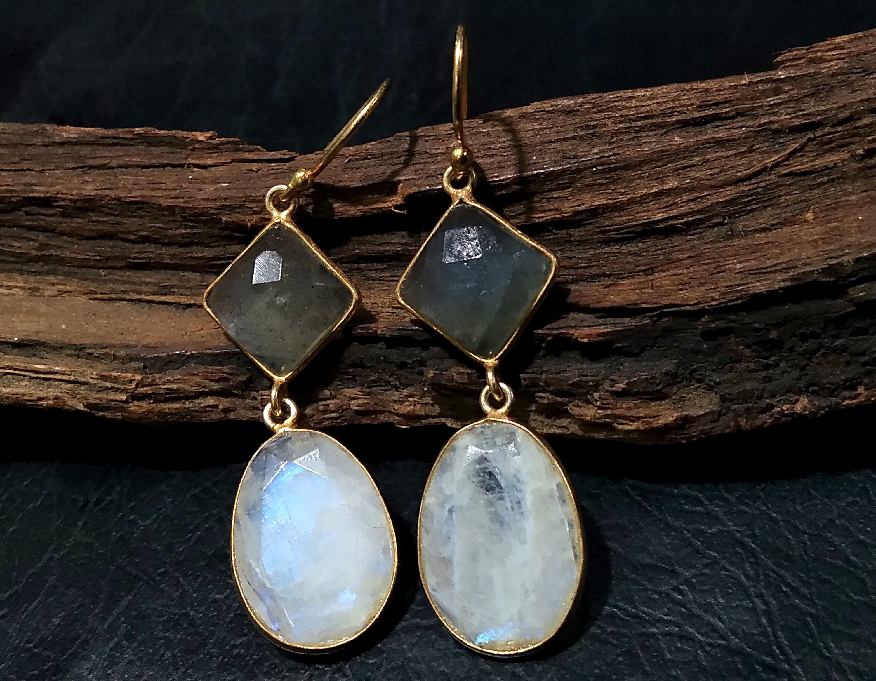 Beautiful Nice Earring ! Natural Gemstone Labradorite & Rainbow Moonstone Earring, 925 Starling Silver With Gold Plated Earring For Women.